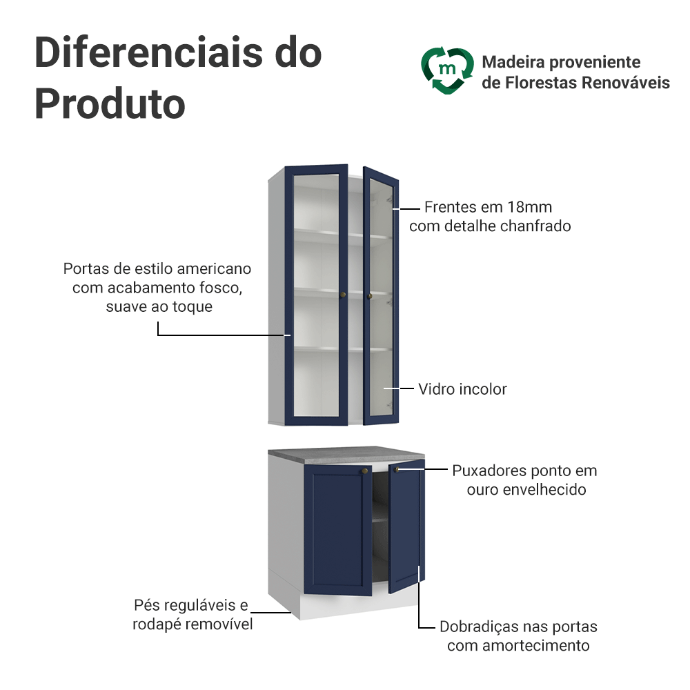 Kit Balcão + Cristaleira 70 cm Branco/Azul Vik Madesa 01