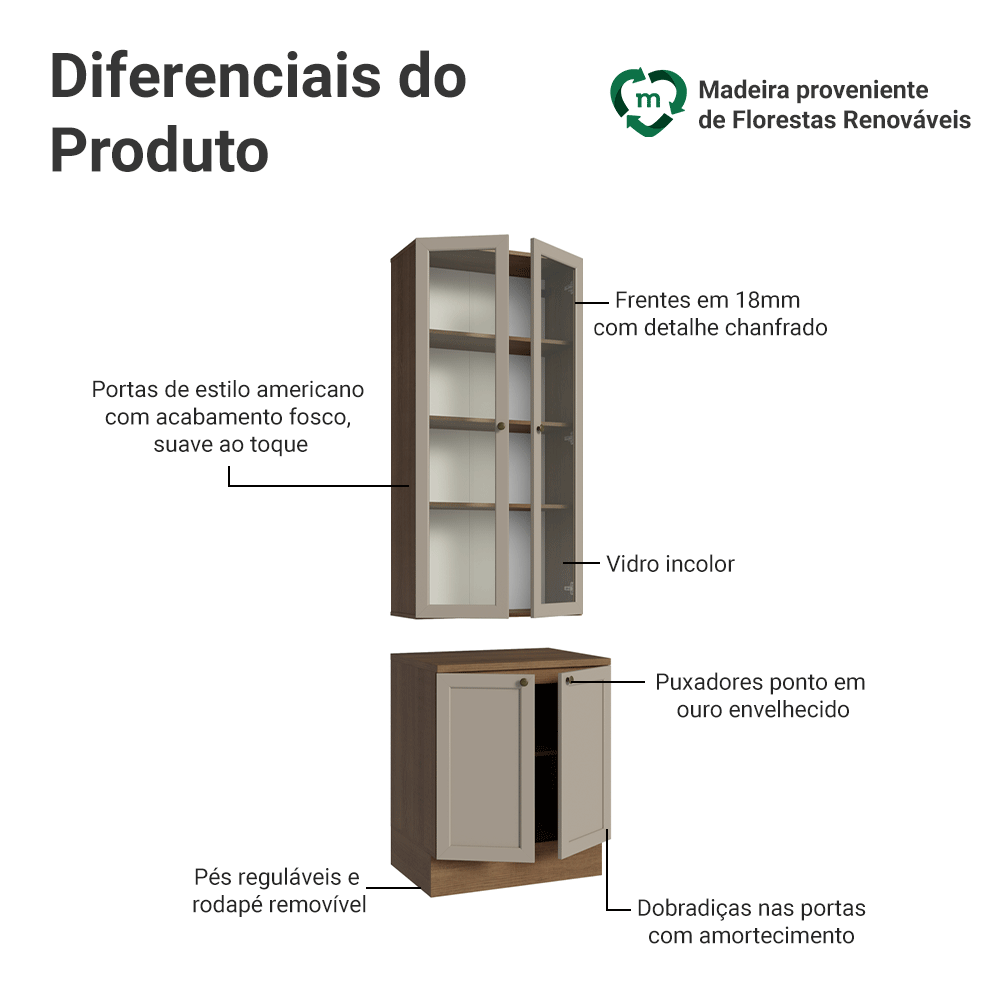 Kit Balcão + Cristaleira 70 cm Rustic/Crema Vik Madesa 02