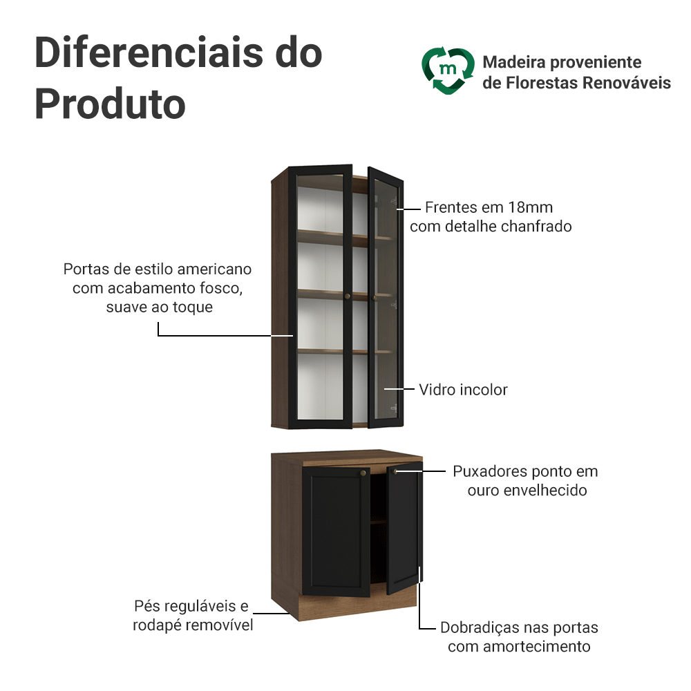 Kit Balcão + Cristaleira 70 cm Rustic/Preto Vik Madesa 02
