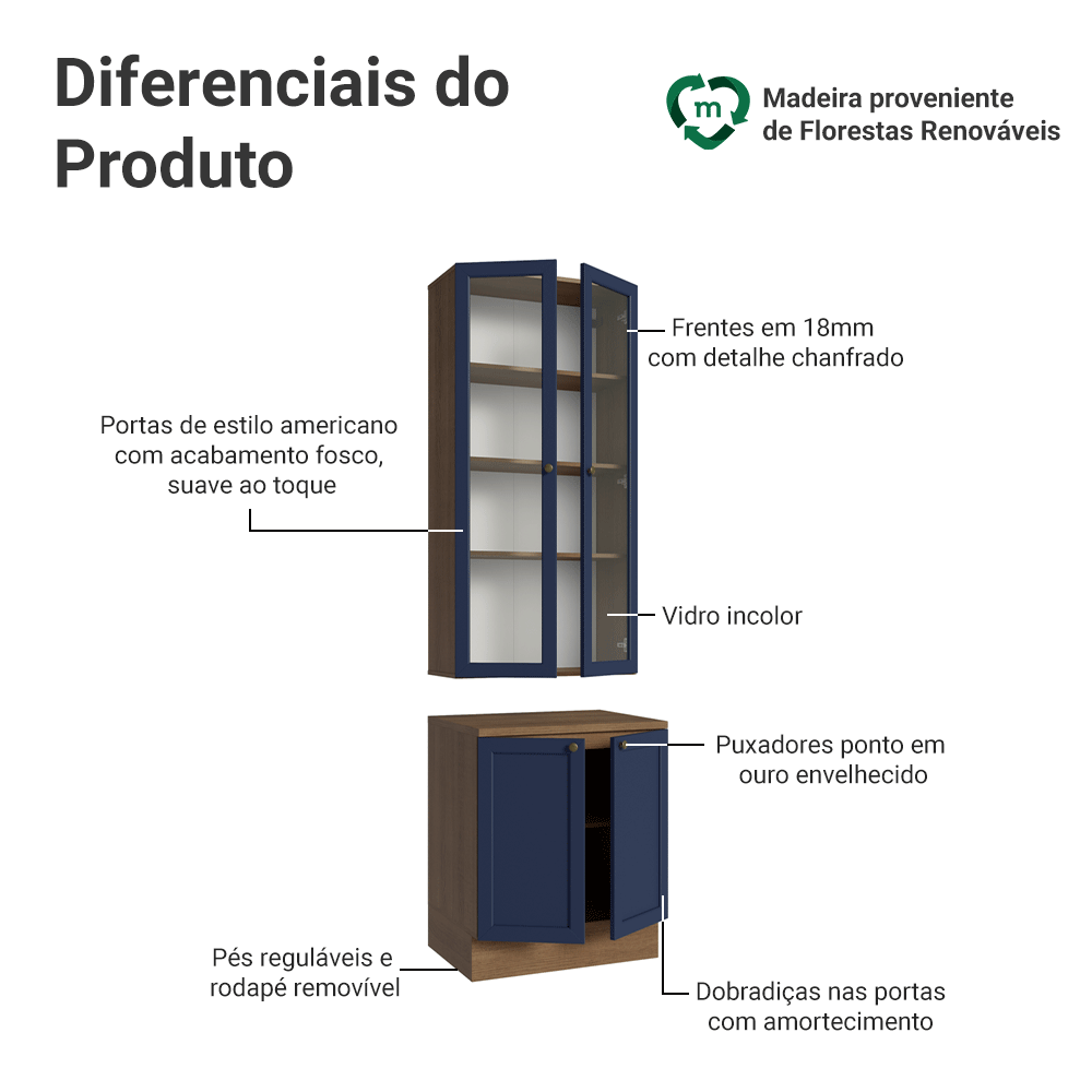 Kit Balcão + Cristaleira 70 cm Rustic/Azul Vik Madesa 02