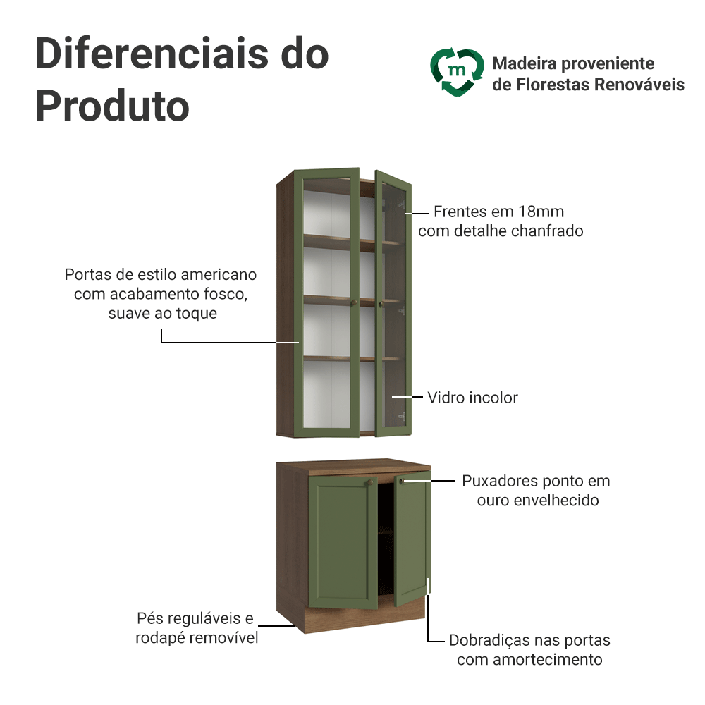 Kit Balcão + Cristaleira 70 cm Rustic/Verde Vik Madesa 02