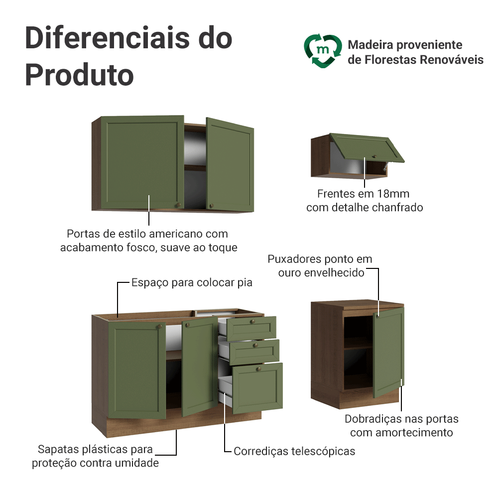 Armário de Cozinha Compacta 180 cm Rustic/Verde Vik Madesa 01