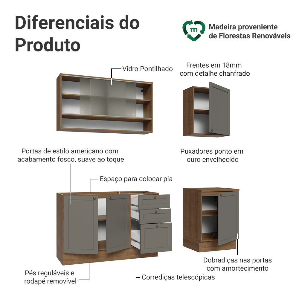 Armário de Cozinha Compacta 180 cm Rustic/Cinza Vik Madesa 03
