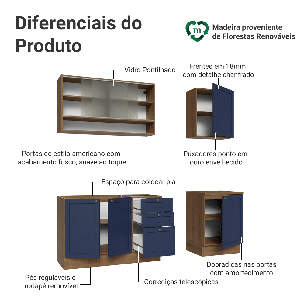 Armário de Cozinha Compacta 180 cm Rustic/Azul Vik Madesa 03