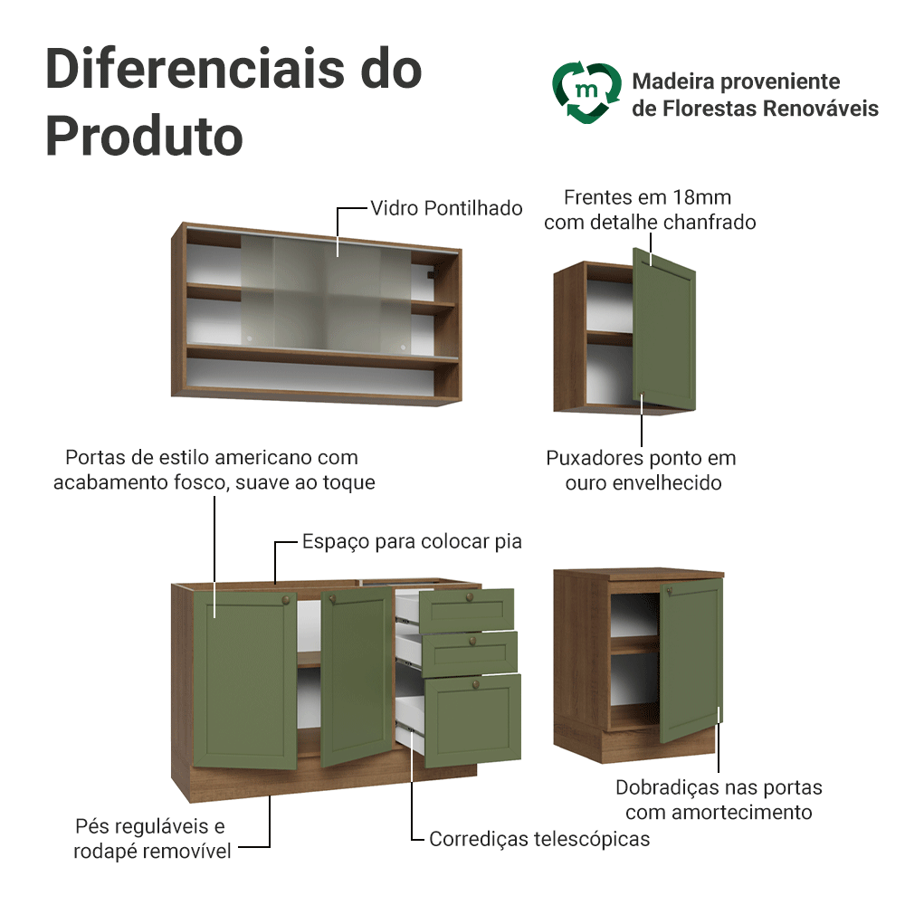 Armário de Cozinha Compacta 180 cm Rustic/Verde Vik Madesa 03