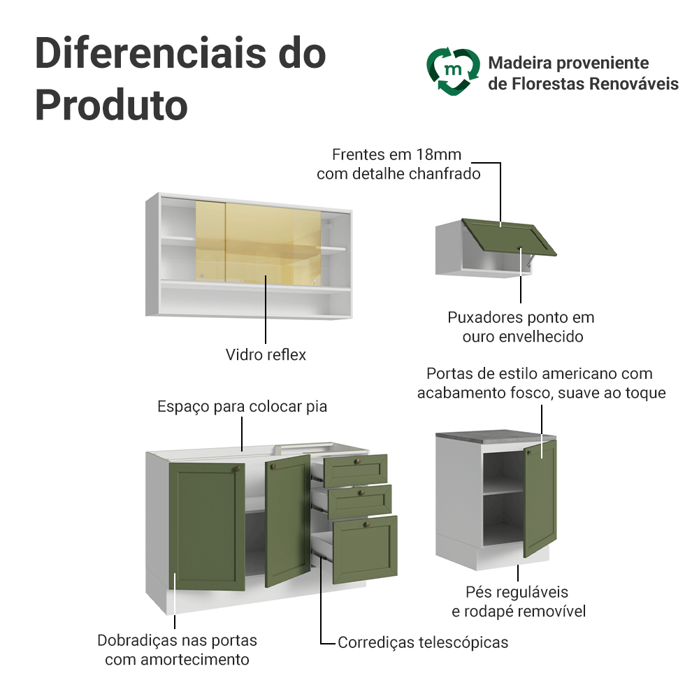 Armário de Cozinha Completa 180 cm Branco/Verde Vik Madesa 05
