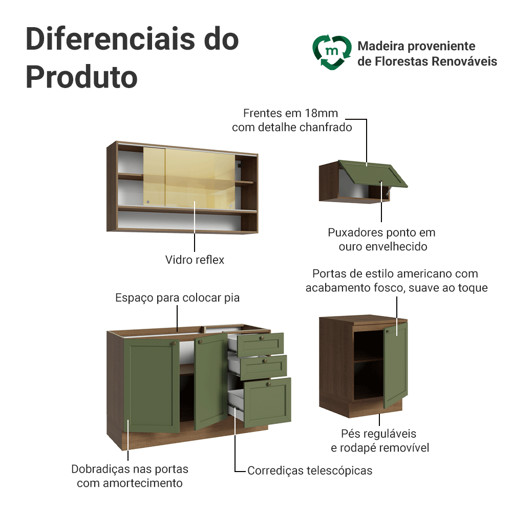 Armário de Cozinha Completa 180 cm Rustic/Verde Vik Madesa 05