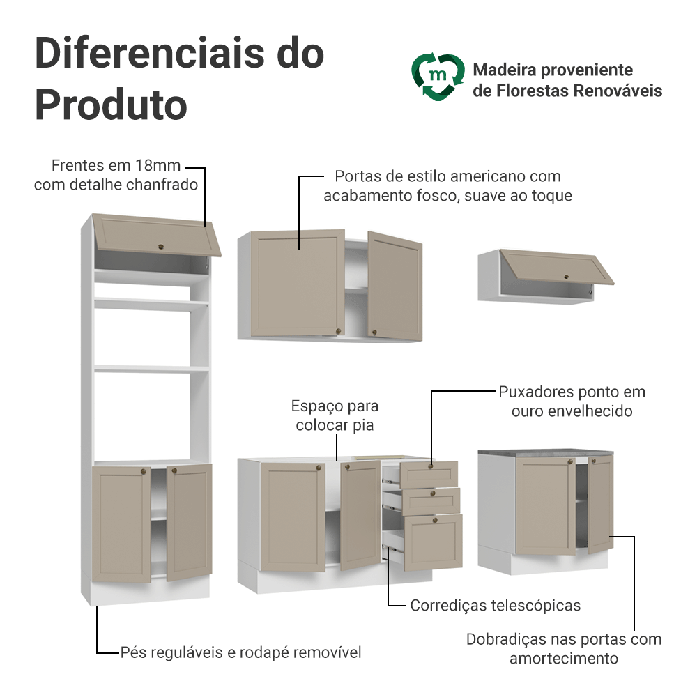Armário de Cozinha Completa 270 cm Branco/Crema Vik Madesa 01