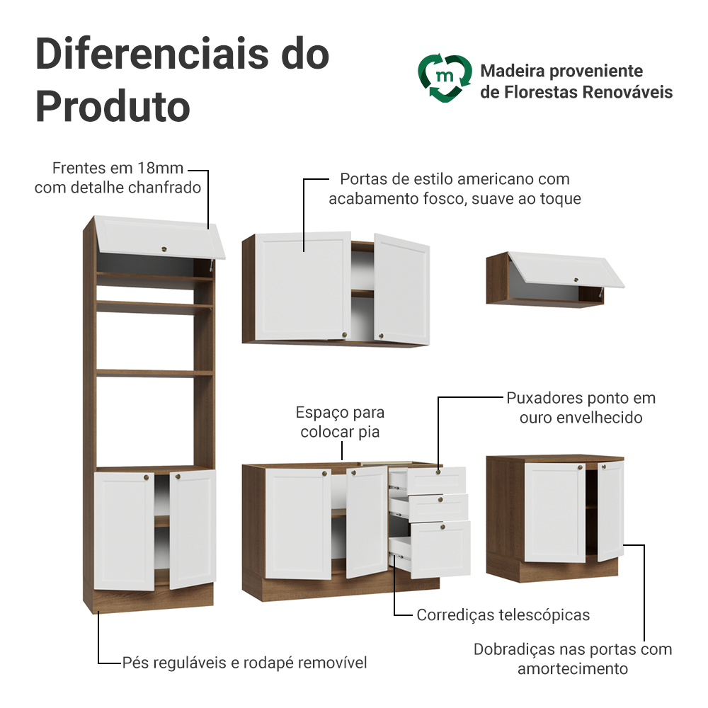 Armário de Cozinha Completa 270 cm Rustic/Branco Vik Madesa 01