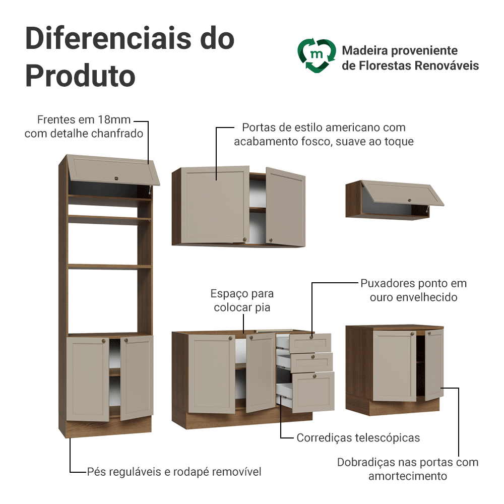 Armário de Cozinha Completa 270 cm Rustic/Crema Vik Madesa 01