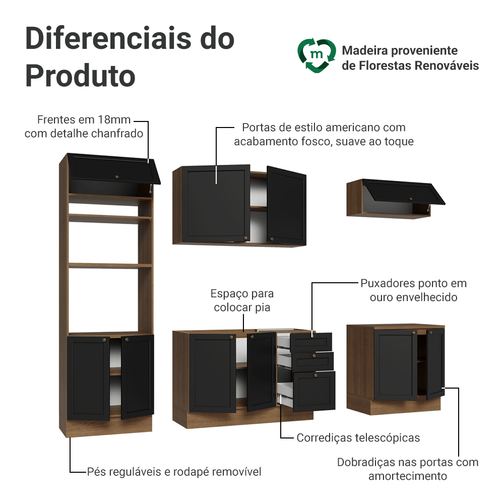 Armário de Cozinha Completa 270 cm Rustic/Preto Vik Madesa 01