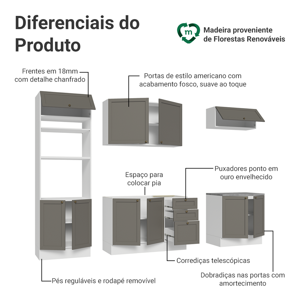 Armário de Cozinha Completa 270 cm Branco/Cinza Vik Madesa 01