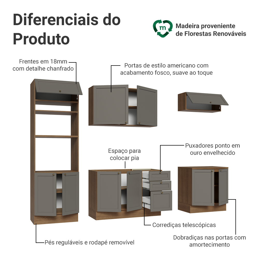 Armário de Cozinha Completa 270 cm Rustic/Cinza Vik Madesa 01