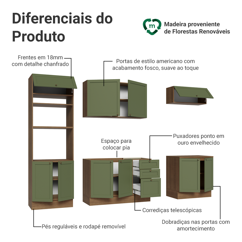 Armário de Cozinha Completa 270 cm Rustic/Verde Vik Madesa 01