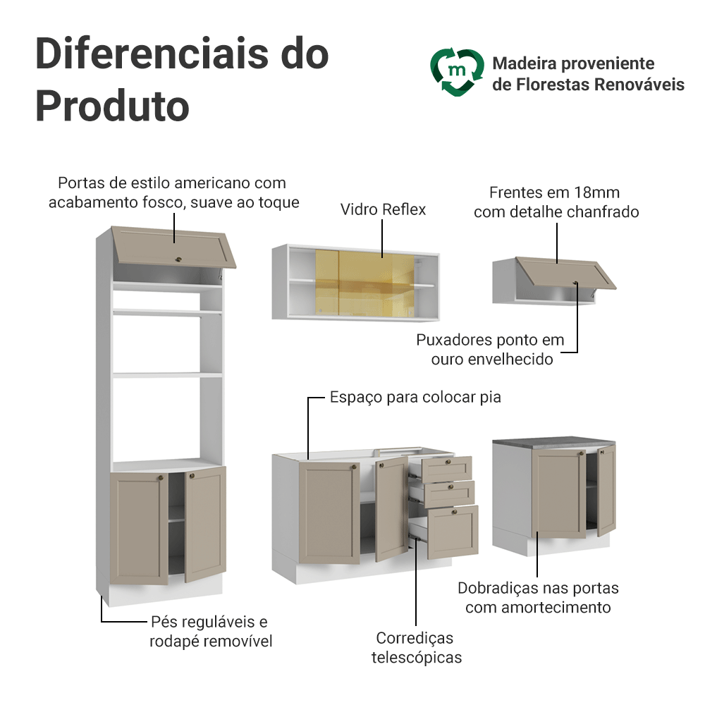 Armário de Cozinha Completa 270 cm Branco/Crema Vik Madesa 02