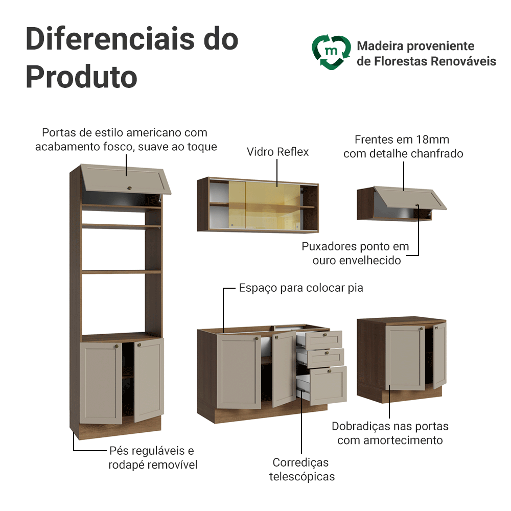 Armário de Cozinha Completa 270 cm Rustic/Crema Vik Madesa 02
