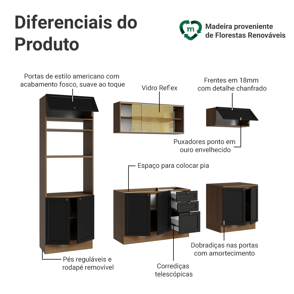 Armário de Cozinha Completa 270 cm Rustic/Preto Vik Madesa 02