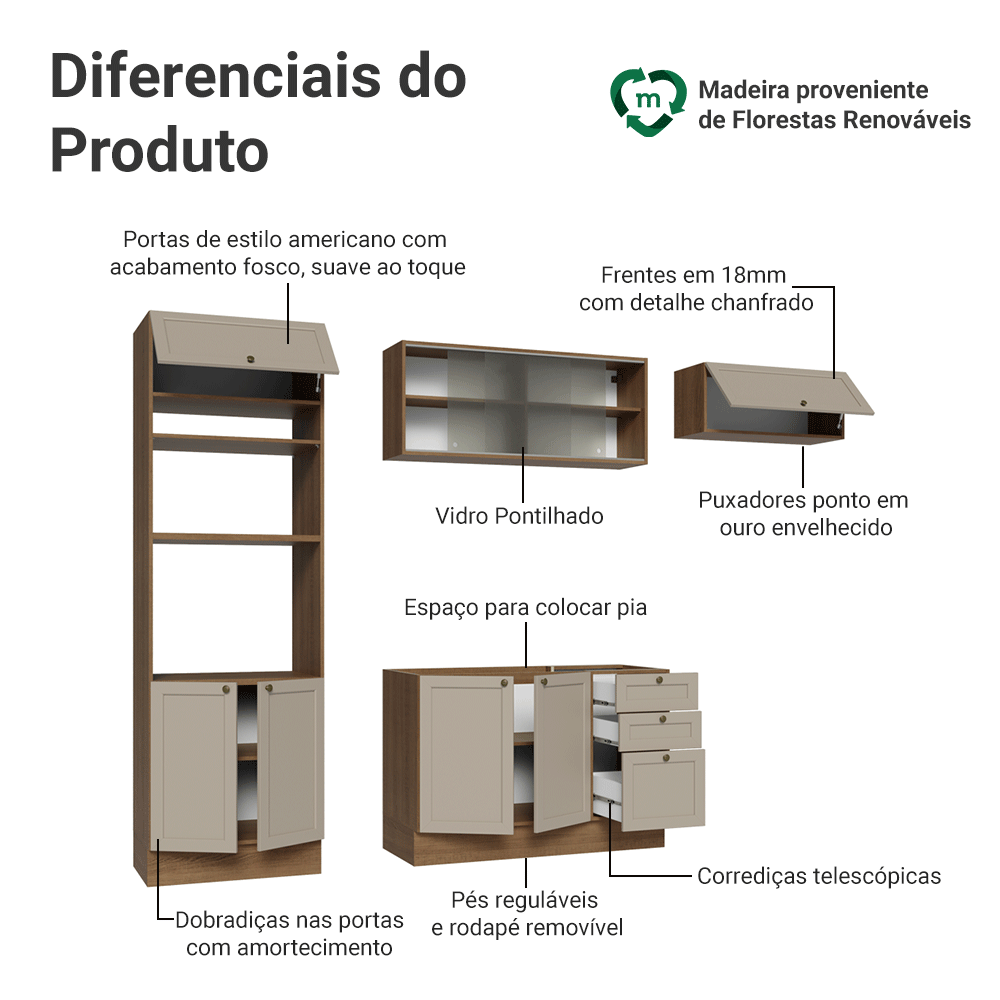 Armário de Cozinha Completa 270 cm Rustic/Crema Vik Madesa 03