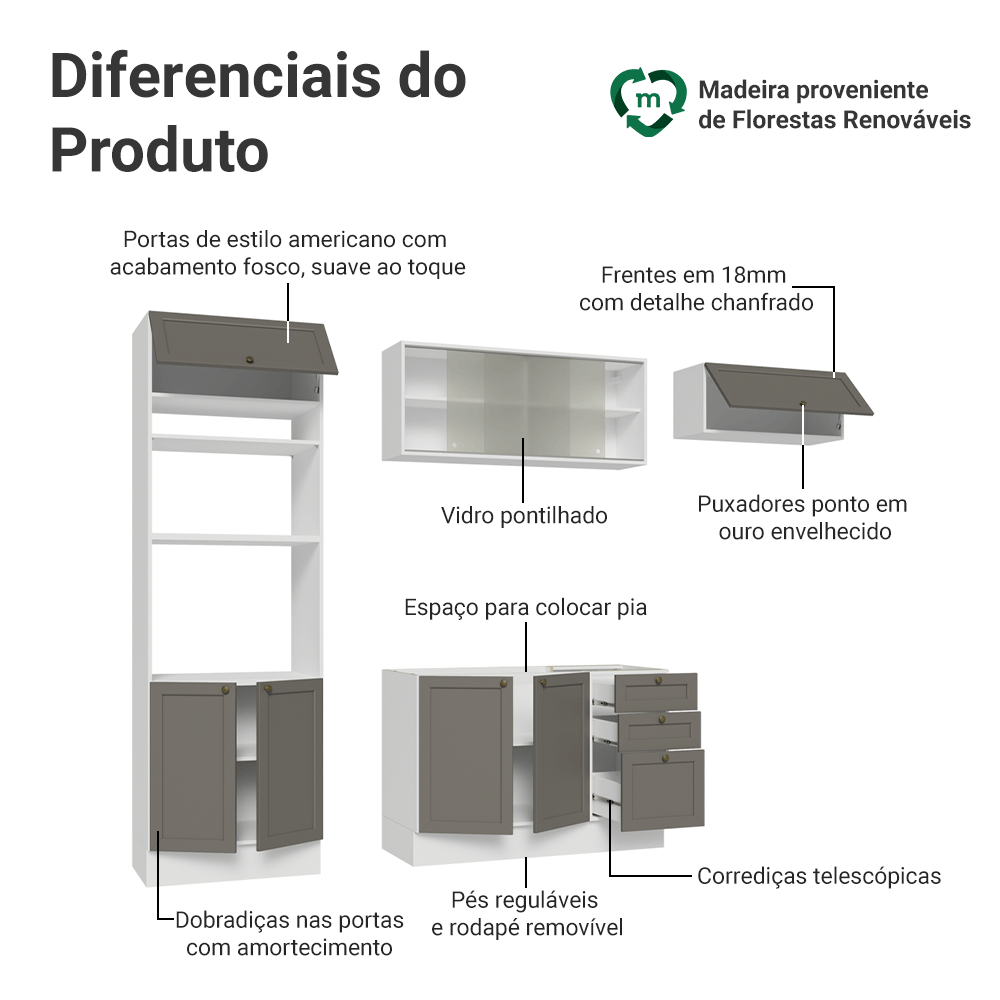 Armário de Cozinha Completa 270 cm Branco/Cinza Vik Madesa 03