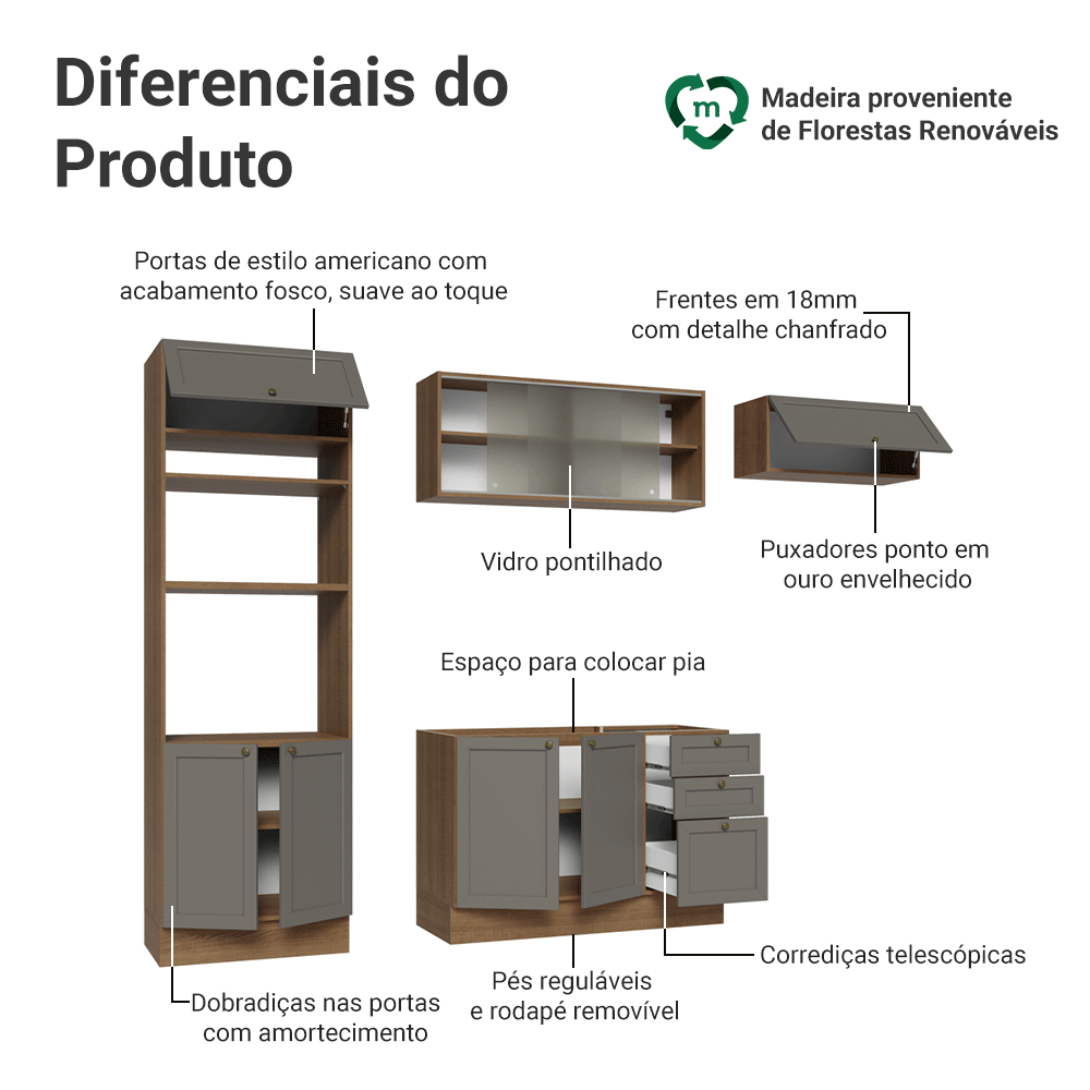Armário de Cozinha Completa 270 cm Rustic/Cinza Vik Madesa 03