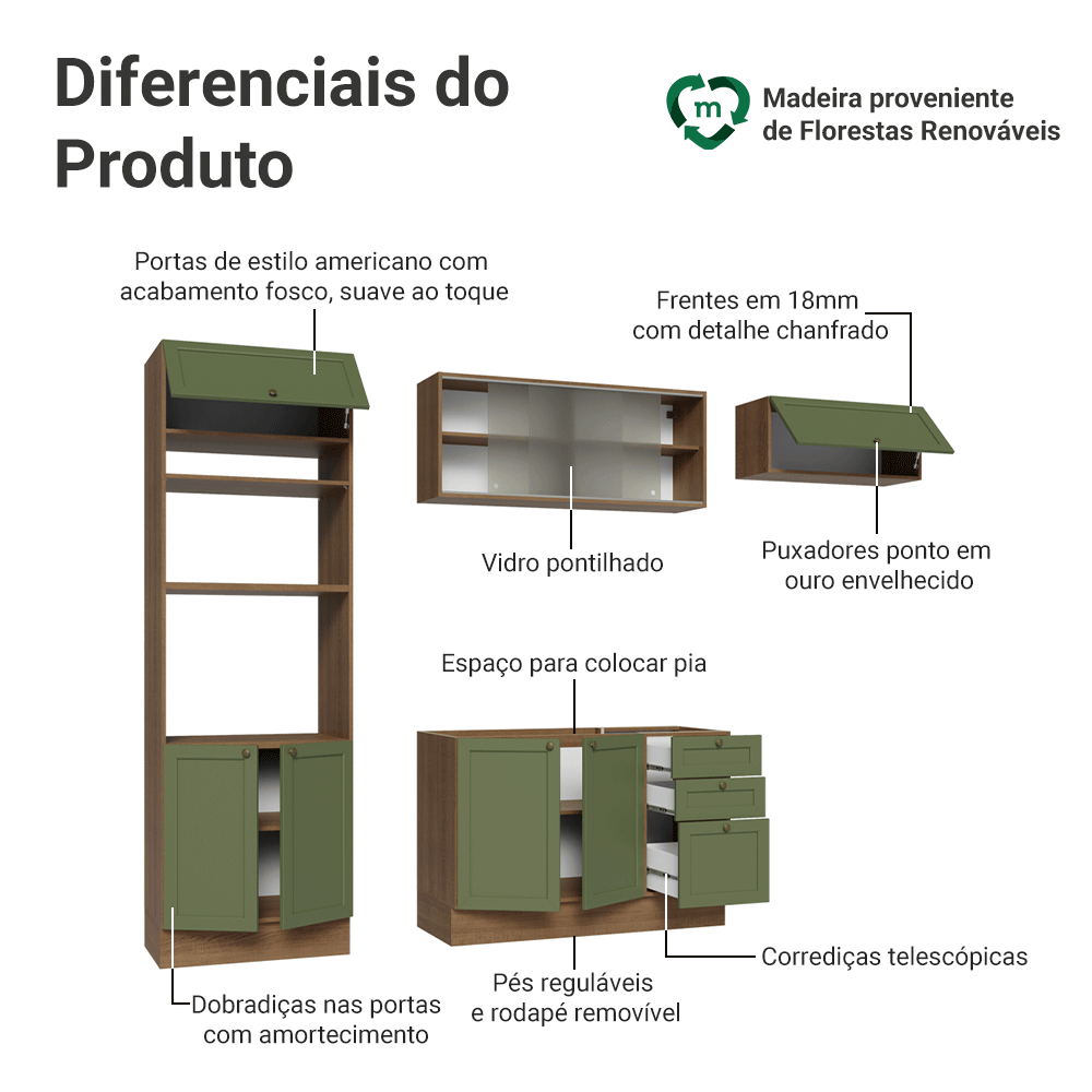 Armário de Cozinha Completa 270 cm Rustic/Verde Vik Madesa 03