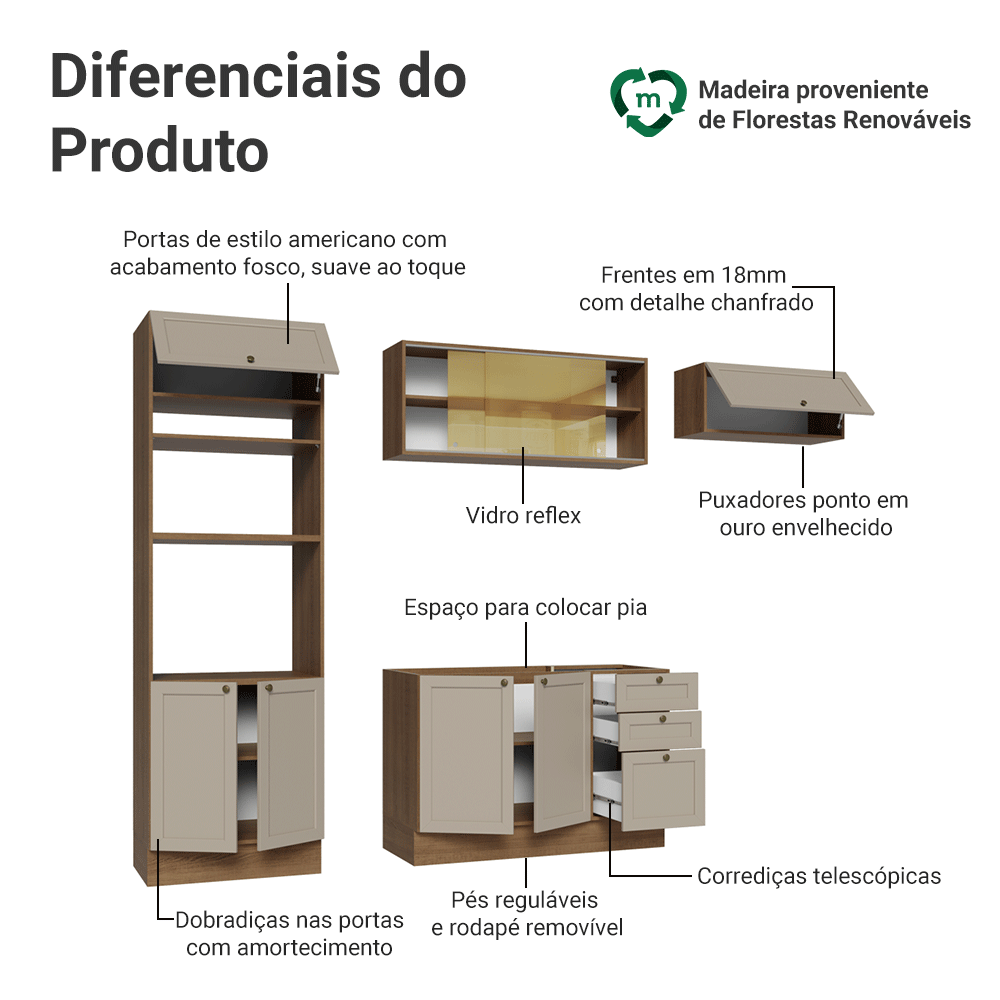 Armário de Cozinha Completa 270 cm Rustic/Crema Vik Madesa 04