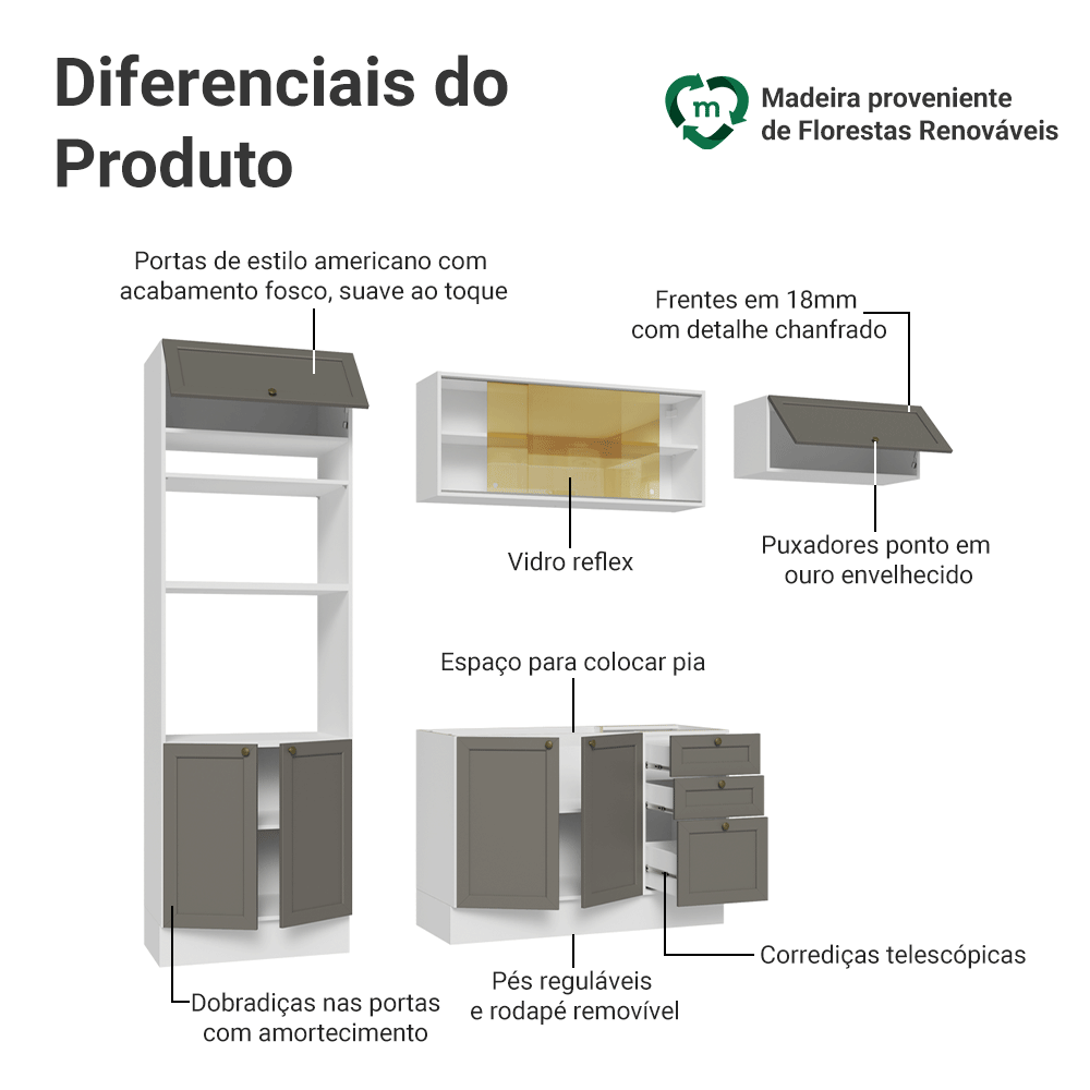 Armário de Cozinha Completa 270 cm Branco/Cinza Vik Madesa 04