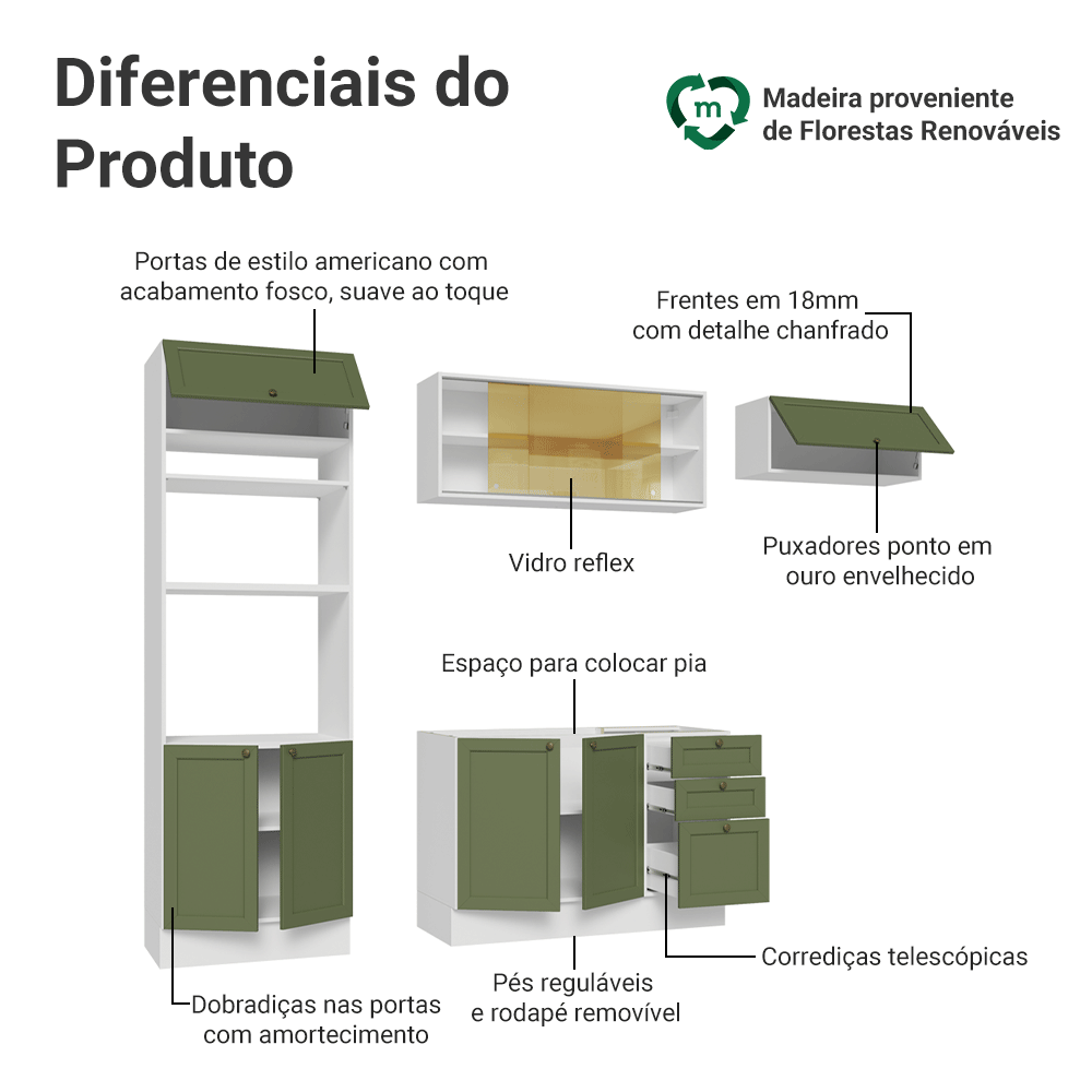 Armário de Cozinha Completa 270 cm Branco/Verde Vik Madesa 04