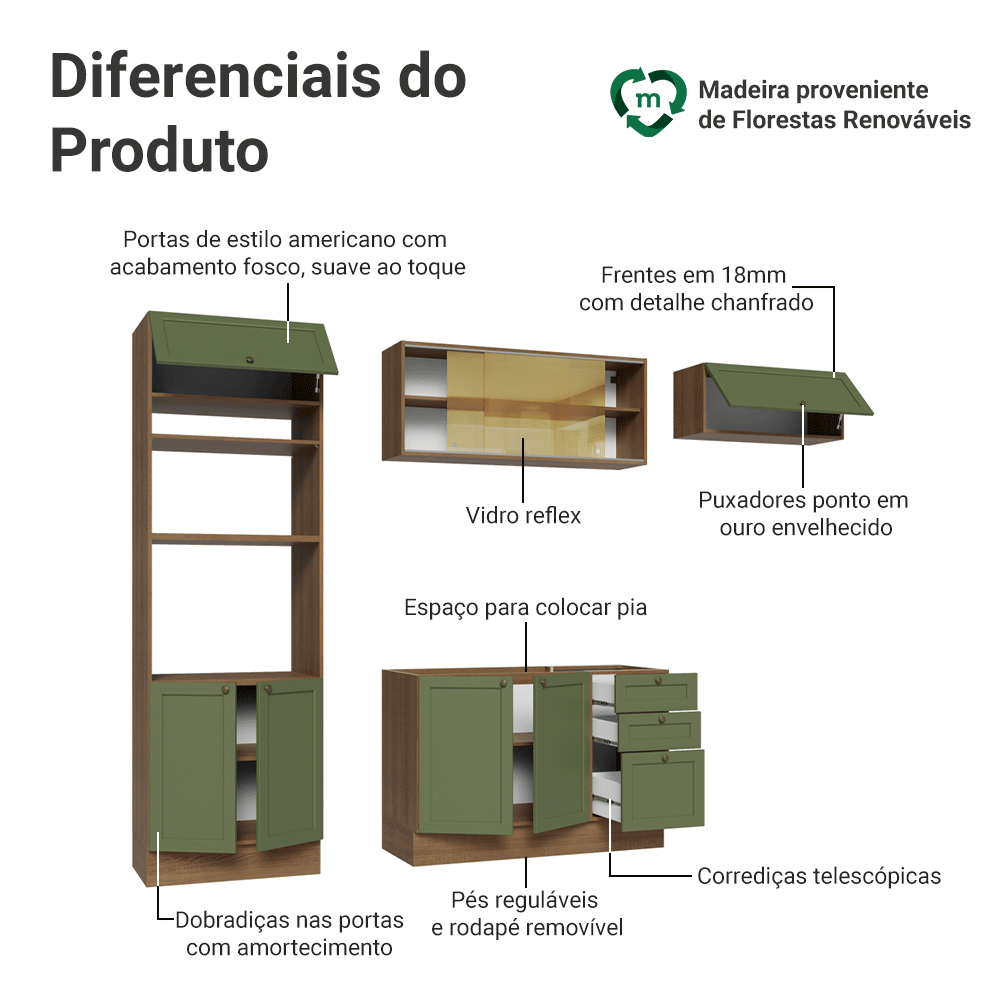 Armário de Cozinha Completa 270 cm Rustic/Verde Vik Madesa 04