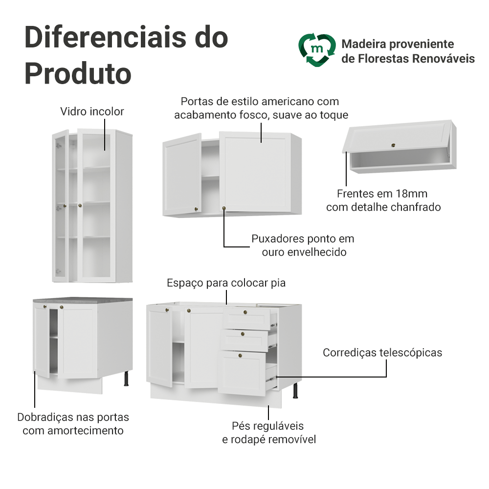 Armário de Cozinha Completa 270 cm Branco Vik Madesa 05