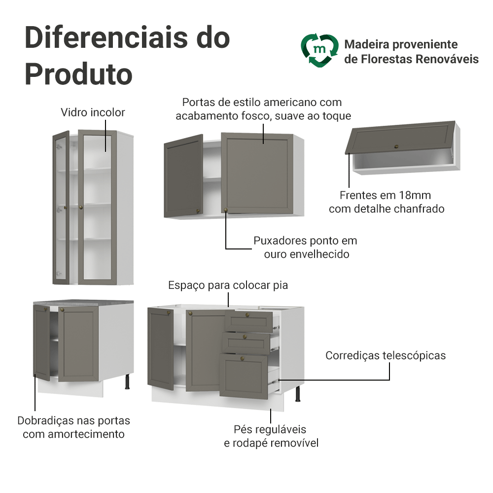 Armário de Cozinha Completa 270 cm Branco/Cinza Vik Madesa 05