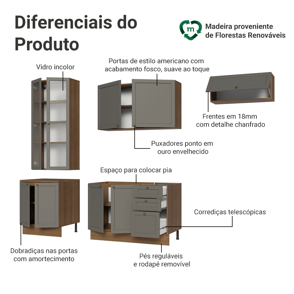 Armário de Cozinha Completa 270 cm Rustic/Cinza Vik Madesa 05