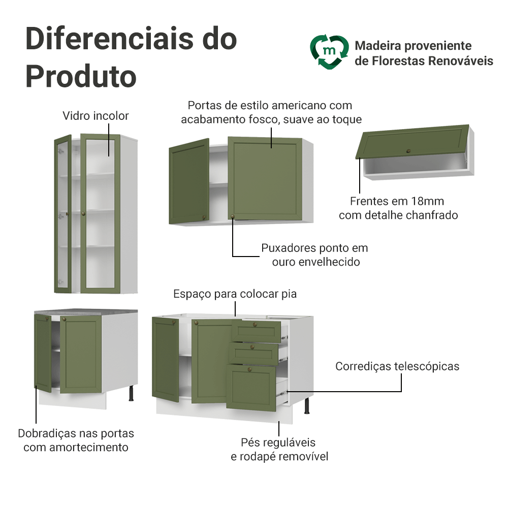 Armário de Cozinha Completa 270 cm Branco/Verde Vik Madesa 05