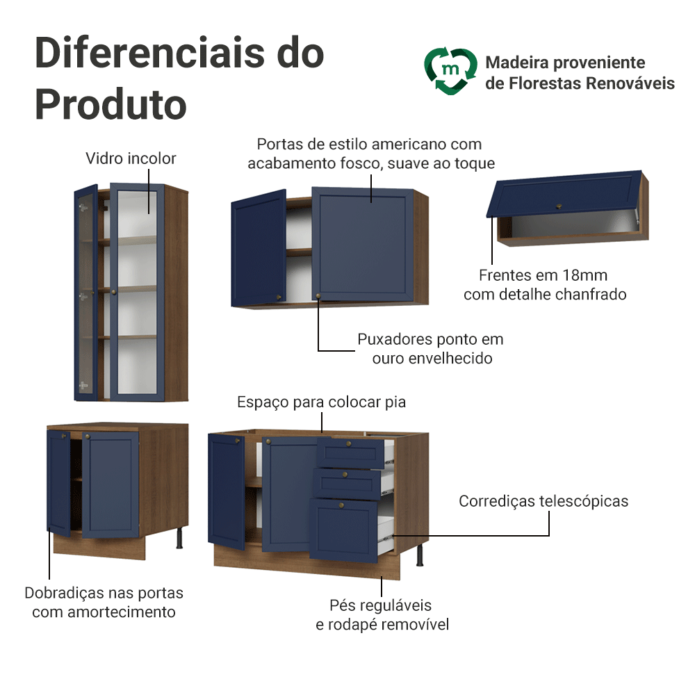 Armário de Cozinha Completa 270 cm Rustic/Azul Vik Madesa 05