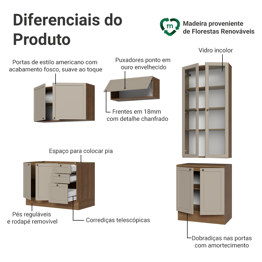 Armário de Cozinha Completa 270 cm Rustic/Crema Vik Madesa 06