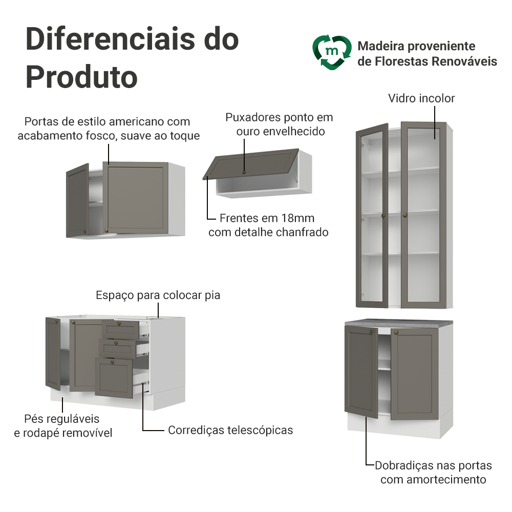 Armário de Cozinha Completa 270 cm Branco/Cinza Vik Madesa 06