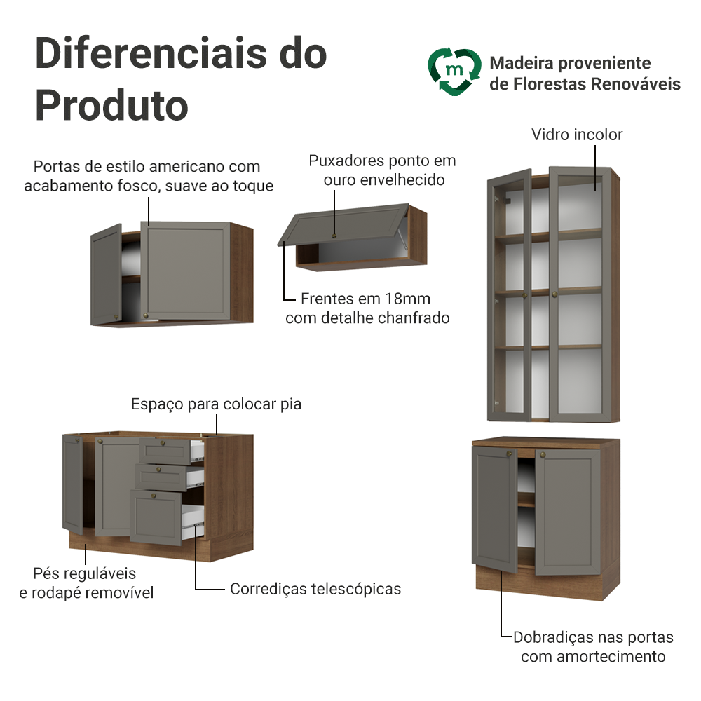 Armário de Cozinha Completa 270 cm Rustic/Cinza Vik Madesa 06