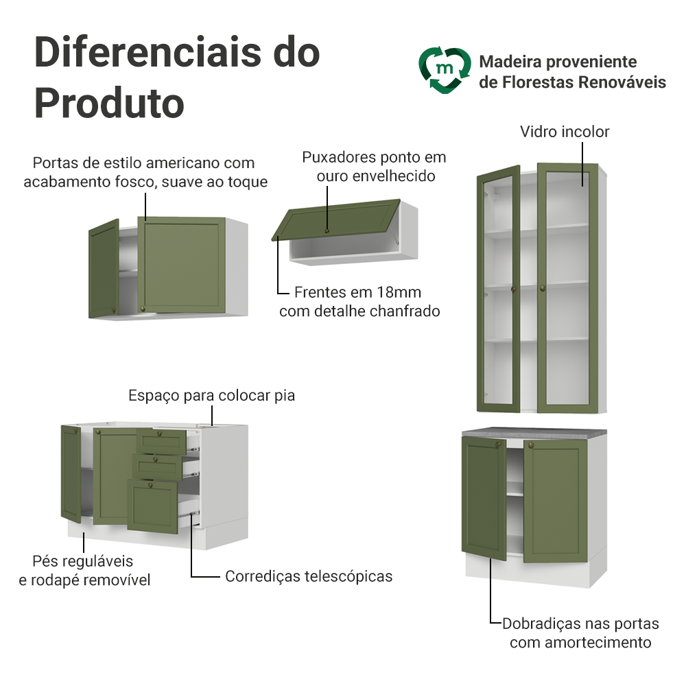 Armário de Cozinha Completa 270 cm Branco/Verde Vik Madesa 06