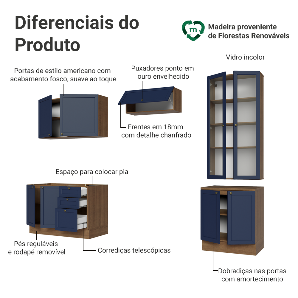 Armário de Cozinha Completa 270 cm Rustic/Azul Vik Madesa 06