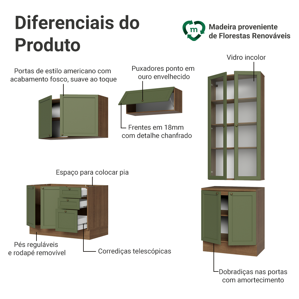 Armário de Cozinha Completa 270 cm Rustic/Verde Vik Madesa 06