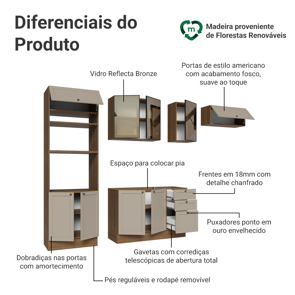 Armário de Cozinha Completa 270 cm Rustic/Crema Vik Madesa 07
