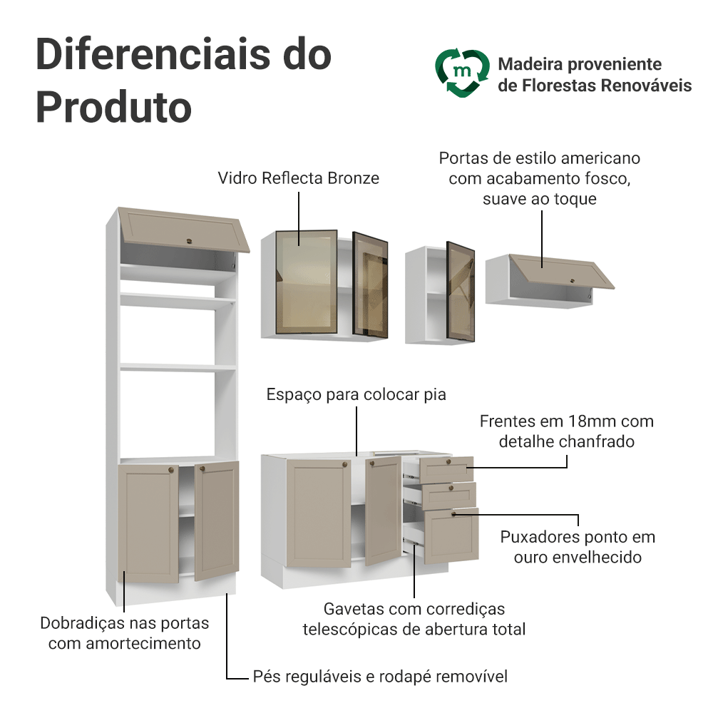 Armário de Cozinha Completa 270 cm Branco/Crema Vik Madesa 07
