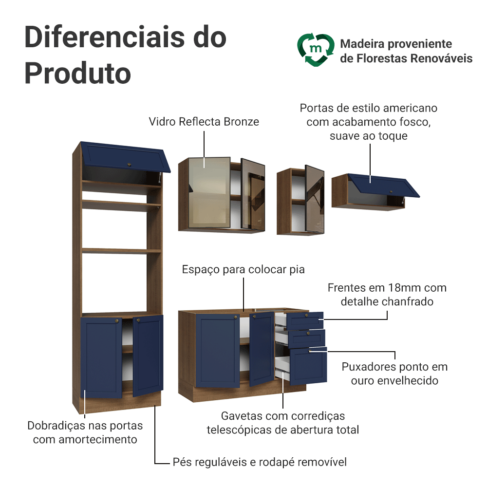 Armário de Cozinha Completa 270 cm Rustic/Azul Vik Madesa 07
