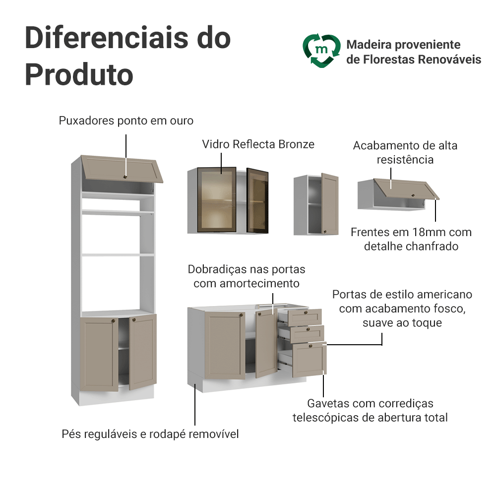 Armário de Cozinha Completa 270 cm Branco/Crema Vik Madesa 08
