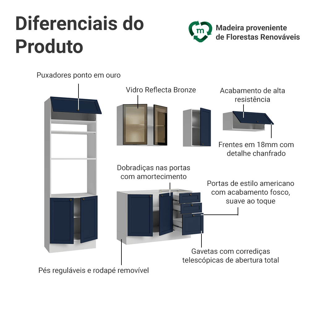 Armário de Cozinha Completa 270 cm Branco/Azul Vik Madesa 08