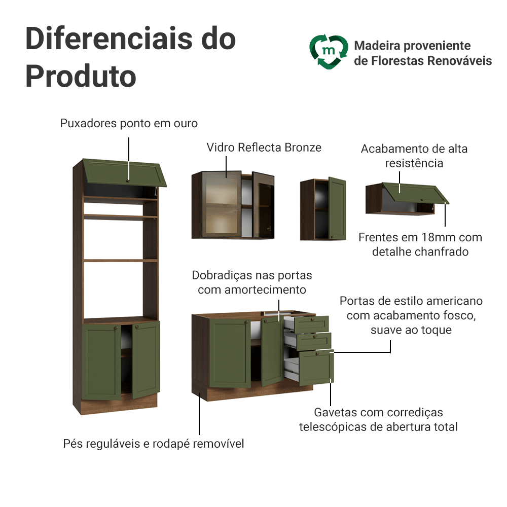Armário de Cozinha Completa 270 cm Rustic/Verde Vik Madesa 08