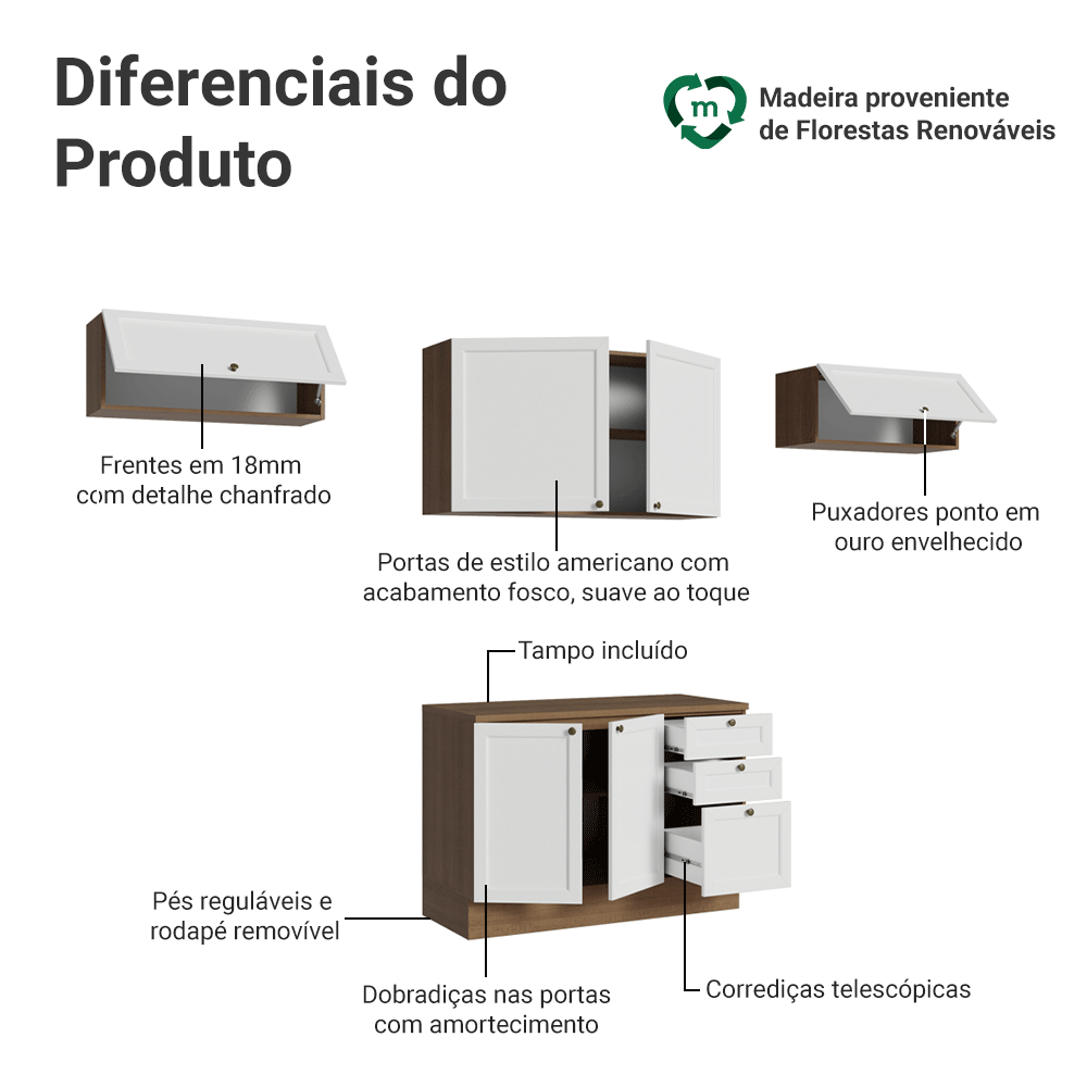 Armário de Cozinha Completa 280 cm Rustic/Branco Vik Madesa 01