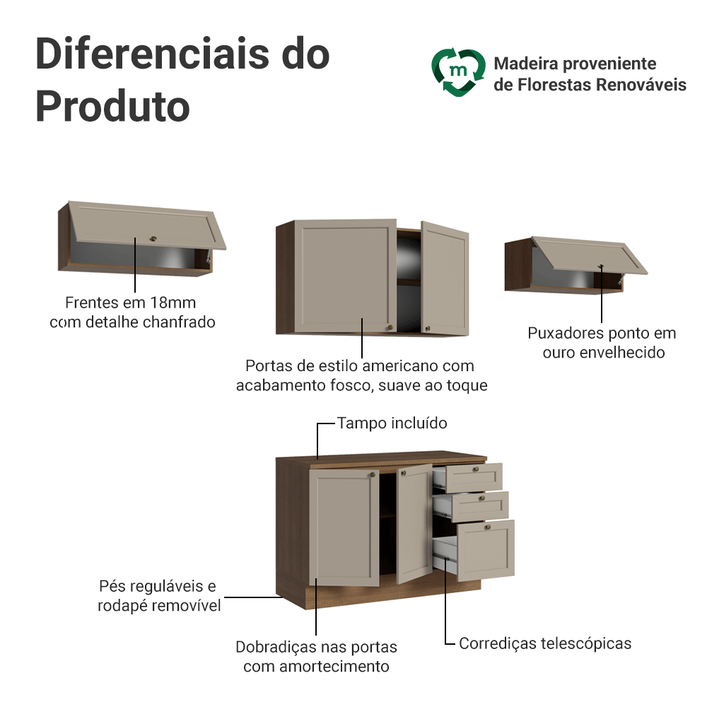 Armário de Cozinha Completa 280 cm Rustic/Crema Vik Madesa 01