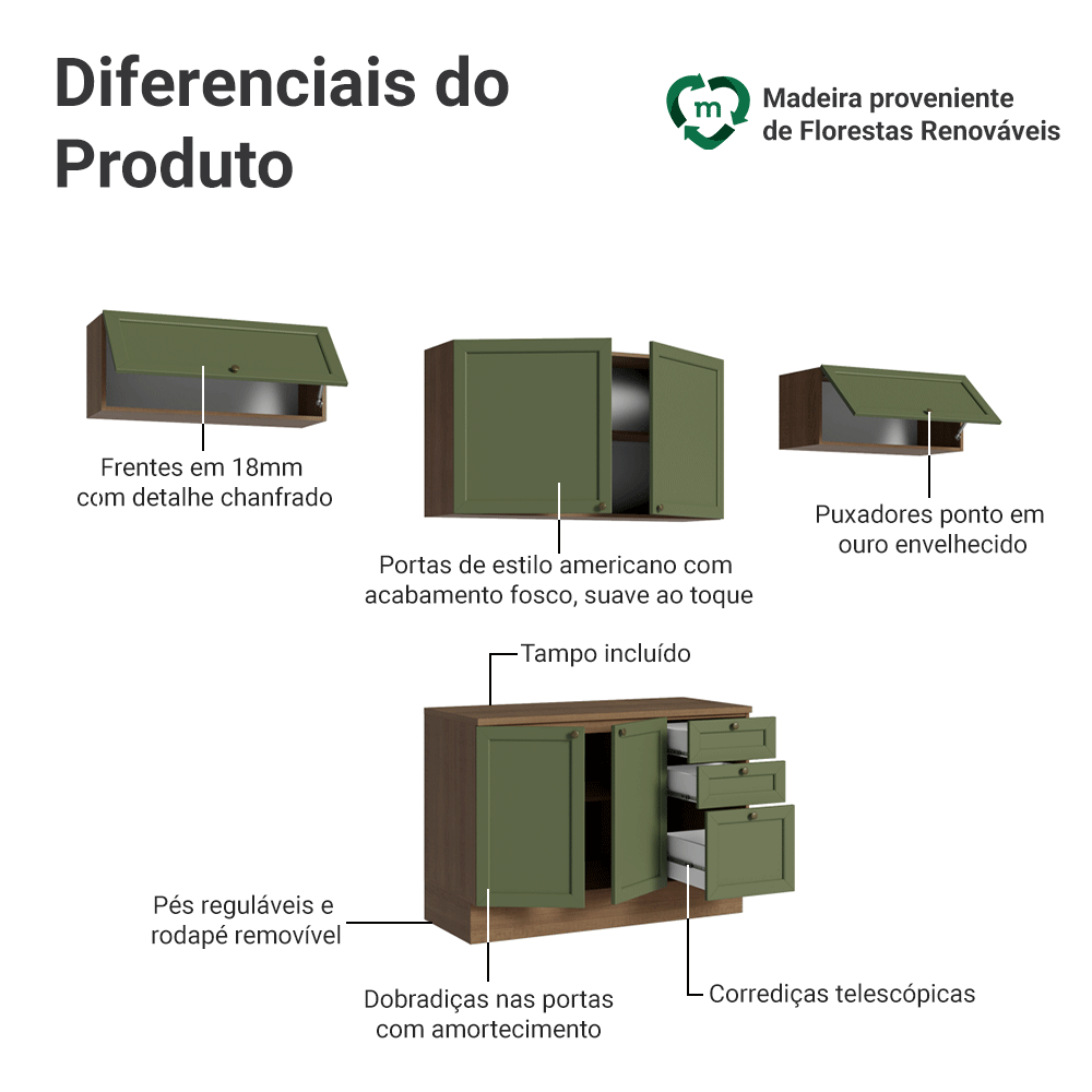 Armário de Cozinha Completa 280 cm Rustic/Verde Vik Madesa 01