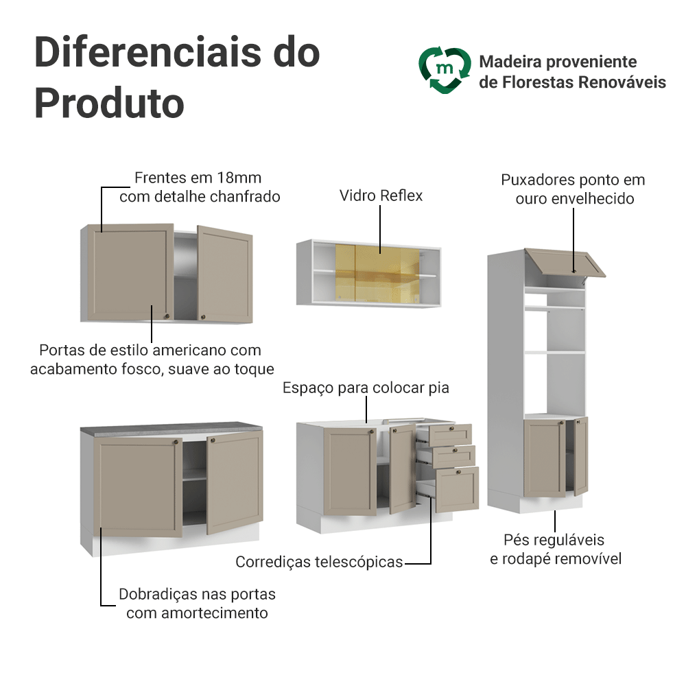 Armário de Cozinha Completa 310 cm Branco/Crema Vik Madesa 01